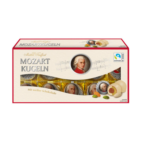 Maitre Truffout baltās šokolādes praline ar piena šokolādi un lazdu riekstu, pistāciju marcipāna un marcipāna pildījumu 200g | Multum