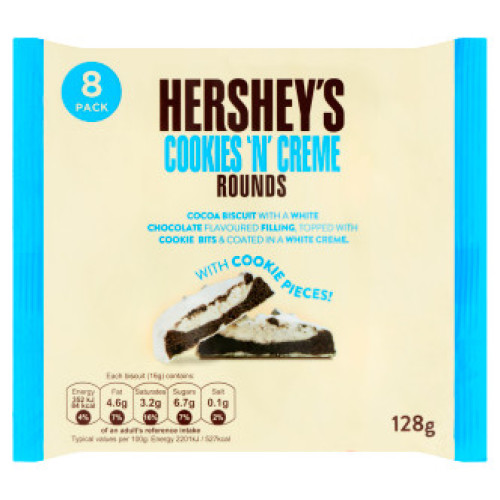 Hershey's šokolādes cepumi ar baltās šokolādes garšas pildījumu, cepumu gabaliņiem un krēma pārklājumu 128g | Multum