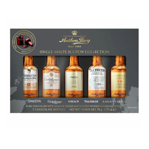 Anthon Berg Scotch Collection viskija pildīta tumšā šokolāde 5gab 78g | Multum