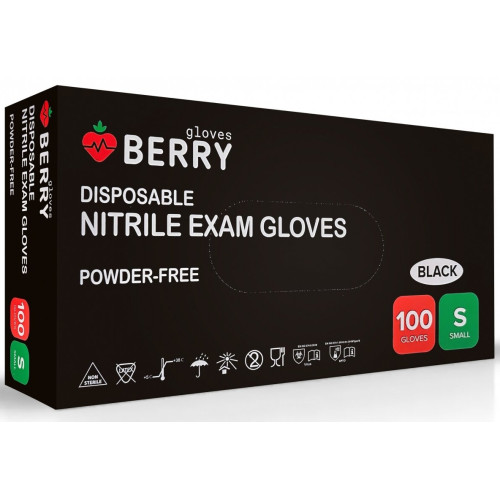 BERRY Nitrila cimdi, bez pūdera N100, S, melni 100gb | Multum