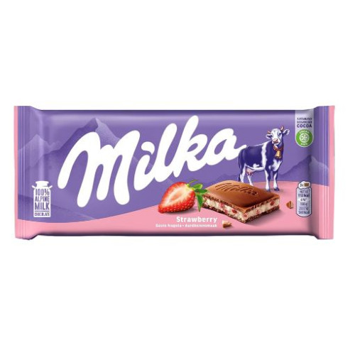 MILKA piena šokolādes tāfelīte ar zemeņu jogurta krēmu 100g | Multum
