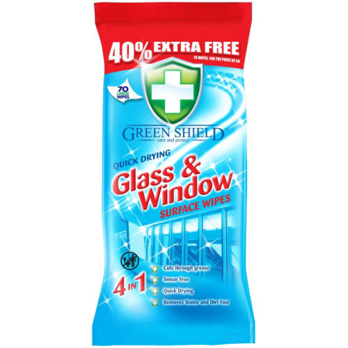 GREEN SHIELD mitrās salvetes stikla virsmu un logu tīrīšanai 70gab | Multum
