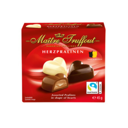 Maitre Truffout beļģu šokolādes pralinē tumšās, baltās un piena šokolādes sirdis 45g | Multum