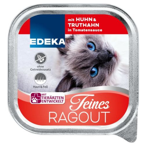 Edeka Feines Ragout barība kaķiem ar vistu un tītaru tomātu mērcē 100g | Multum