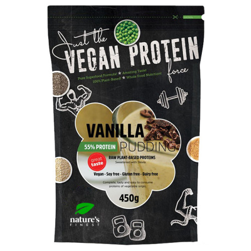 Nature's finest Vanilla 55% Protein Pudding- sweetened with Stevia. Čia, zirņu, rīsu un kvinojas proteīnu pudiņš ar vaniļu. Mazkoloriju, augsts augu valsts obaltumvielu sastāvs. Saldināts ar stēviju. 450g | Multum