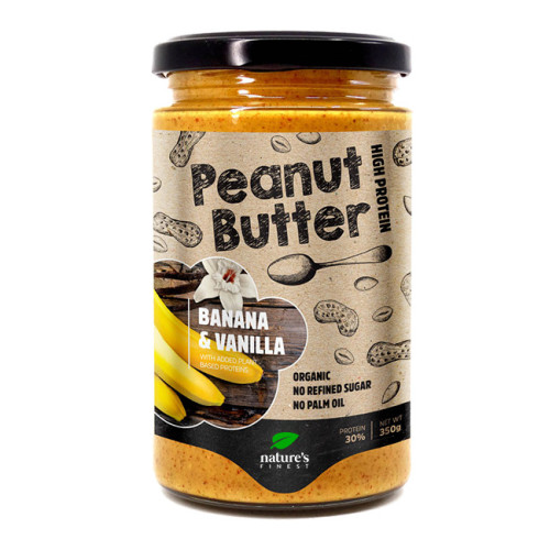 Nature's finest BIO Banana & Vanilla Peanut butter. BIO zemesriekstu sviests ar banāniem, vaniļu un čia, zirņu, rīsu, kaņepju un kvinojas proteīnu. 350g | Multum