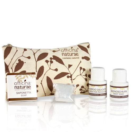 Officina naturae eco ceļojuma komplekts - dušas želeja 30ml, šampūns 30ml, ziepes, dušas cepurīte, kosmētikas maciņš | Multum