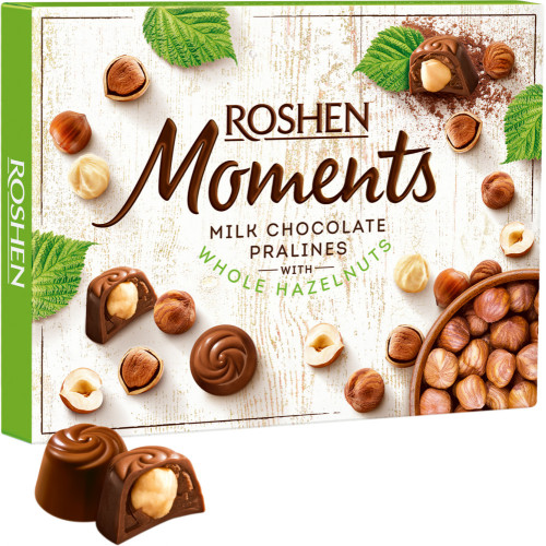 ROSHEN MOMENTS šokolādes konfektes ar veseliem lazdu riekstiem 116g | Multum